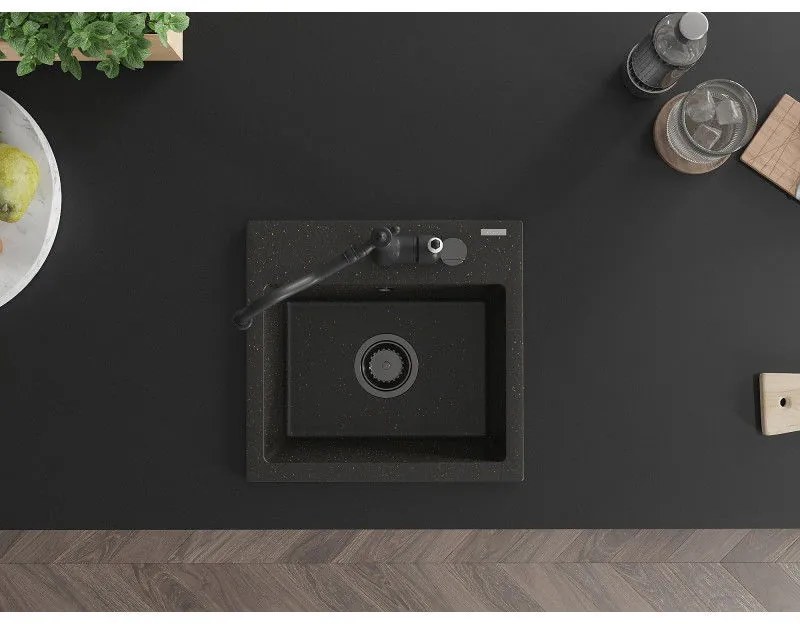 Mexen Milo, granitový drez 435x410x171 mm, 1-komorový a drezová batéria Carla, čierna-zlatá metalíza, 6505-75-670700-70-B