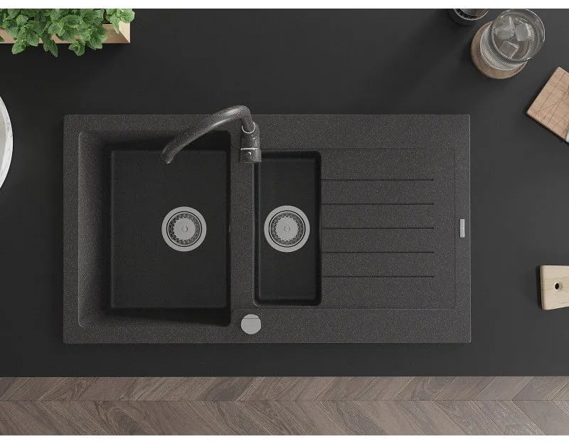 Mexen Matias, 1,5-komorový granitový drez s odkvapkávačom 90x50 cm a kuchynskou batériou Telma, čierna so sriebornými bodkami, 6502-76-670200-76