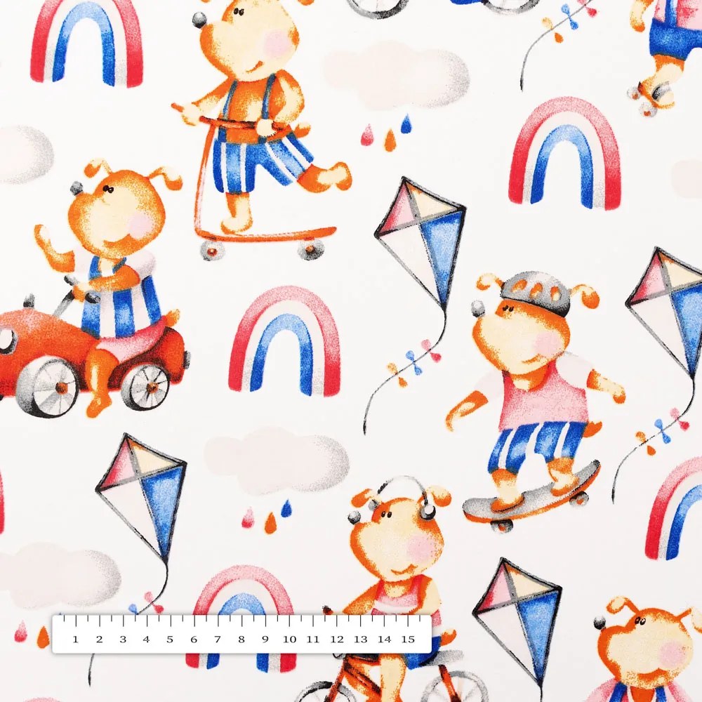 Biante Detský bavlnený behúň na stôl Sandra SA-521 Modro-červení psíkovia s autami na bielom 45x180 cm