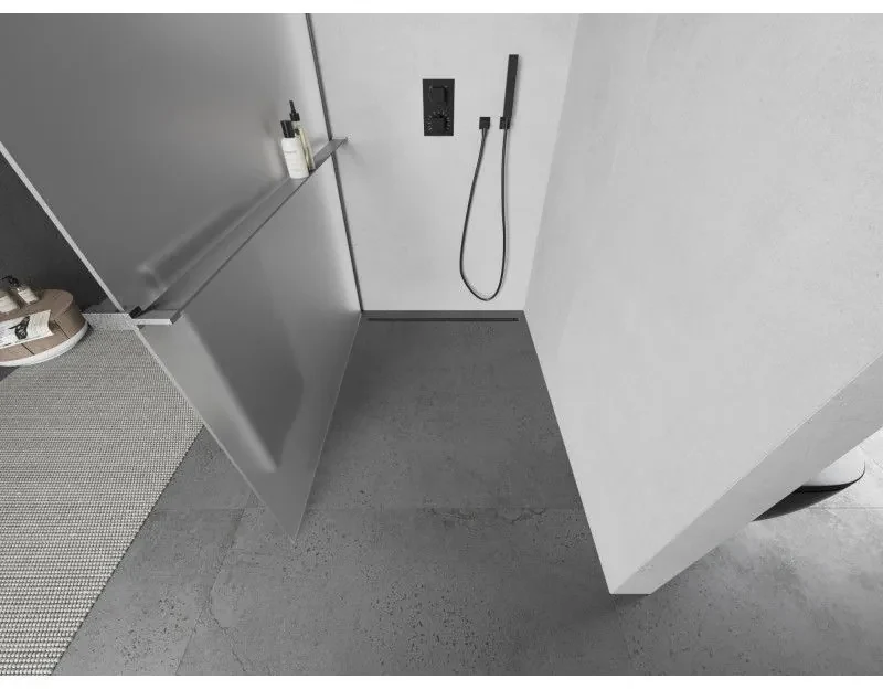 Mexen Kioto+, sprchová zástena Walk-In s poličkou a vešiakom 130 x 200 cm, 8mm sklo námraza, grafitový profil, 800-130-121-95-30