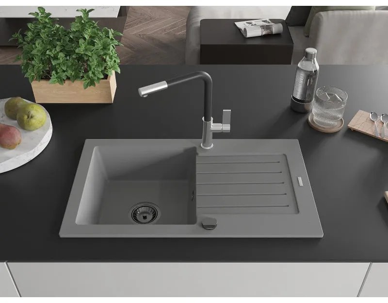 Mexen Pablo, 1-komorový granitový drez 752x436x161 mm a drezová batéria Flora, šedá, 6510-71-670401-07-B