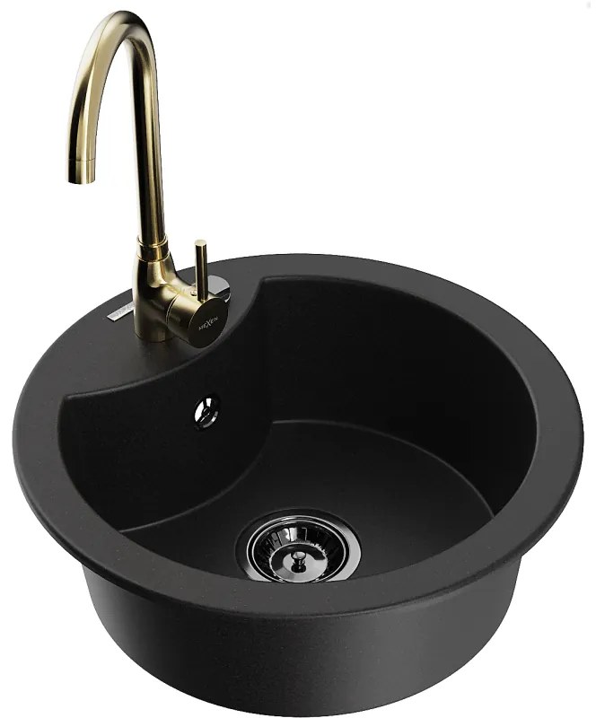 Mexen Diego, 1-komorový granitový drez 488x488x167 mm, čierny sifón, zlatá lesklá batéria Telma, čierna, 6512-77-670200-50-B