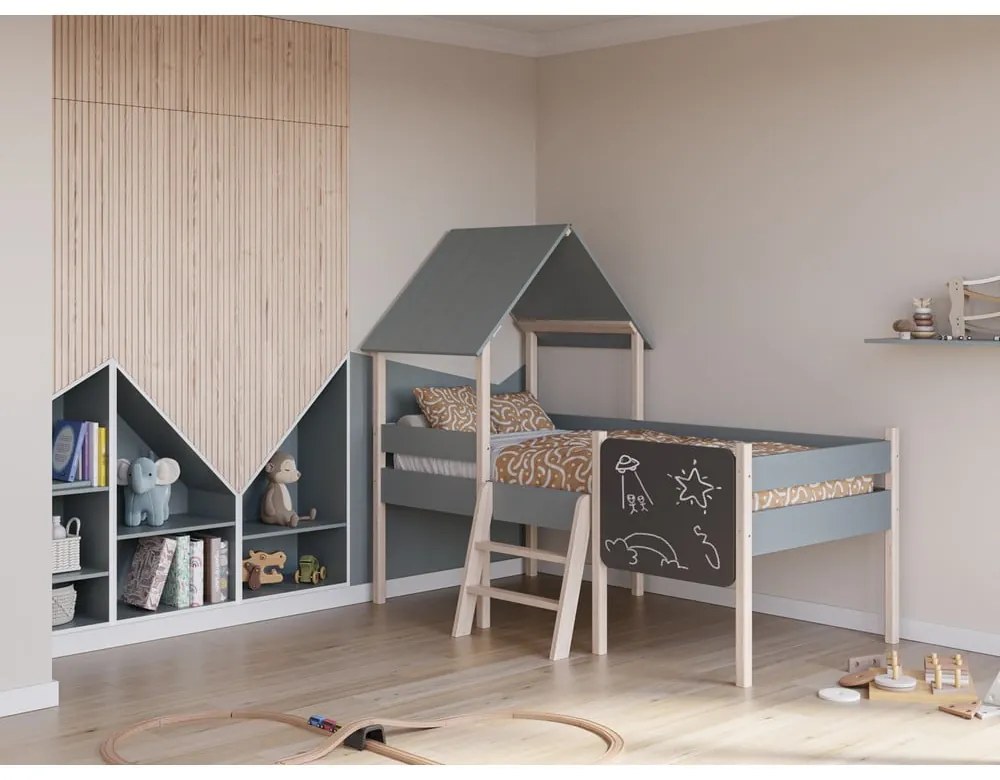 Domčeková/vyvýšená detská posteľ sivozelená z borovicového dreva s roštom 90x190 cm Mint – Marckeric