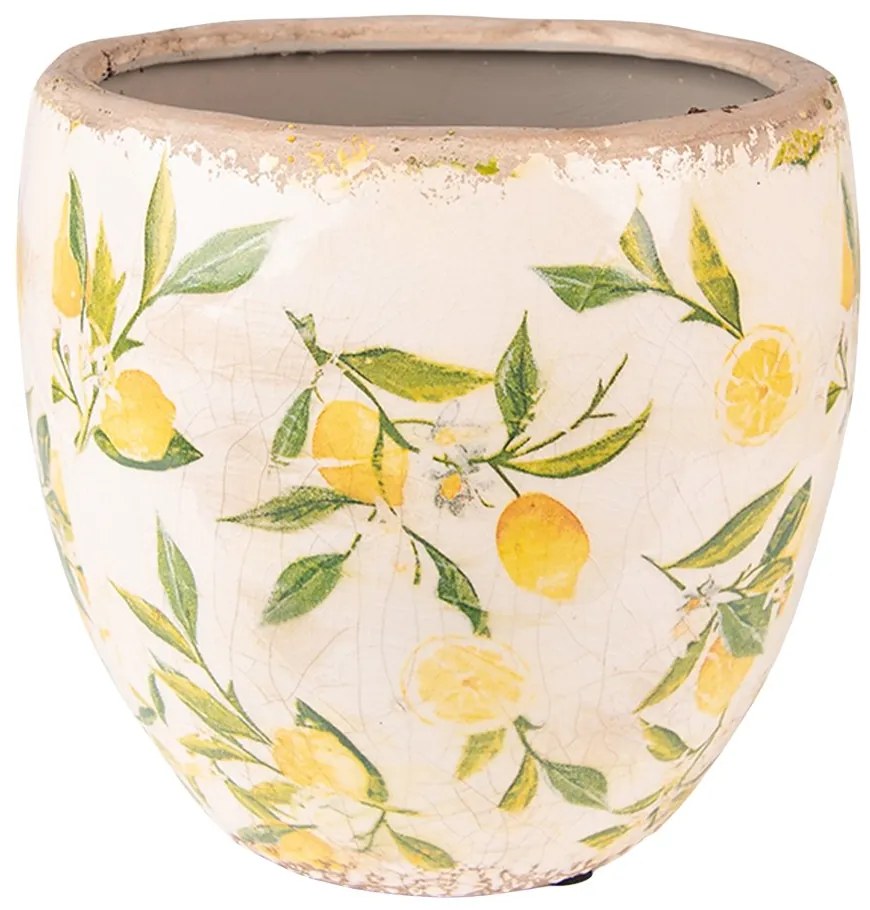 Béžový keramický obal na kvetináč s citrónmi - Ø 13*12 cm