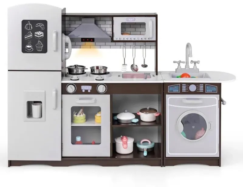 Detská kuchynka drevená rohová kuchynka na hranie so svetlom a zvukom vrátane 7 doplnkov tmavohnedá 121 x 29 x 83 cm
