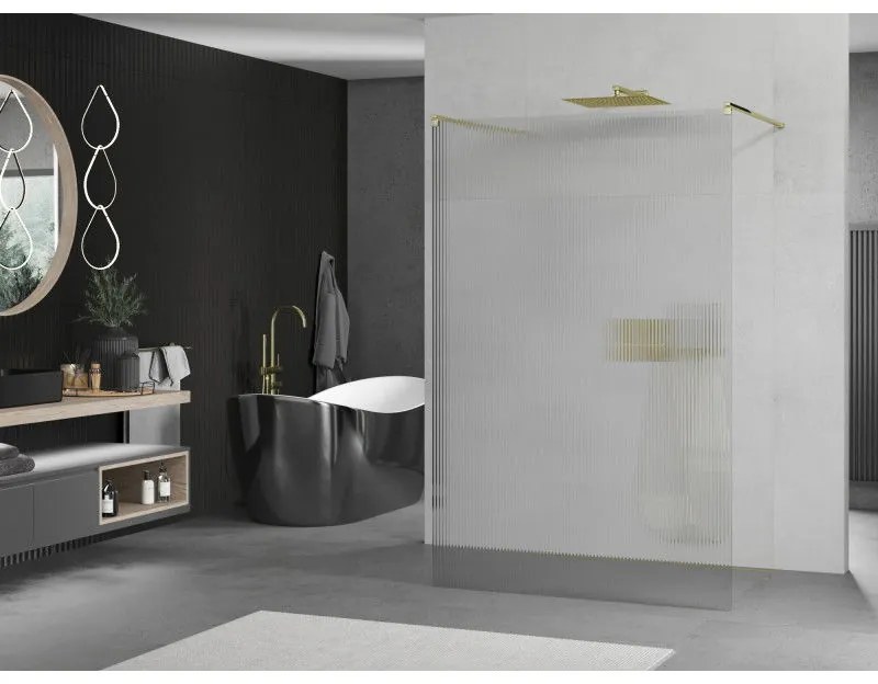 Mexen Kioto, sprchová zástena Walk-In 110 x 200 cm, 8mm sklo s rebrovým vzorom, zlatý profil, 800-110-002-50-09