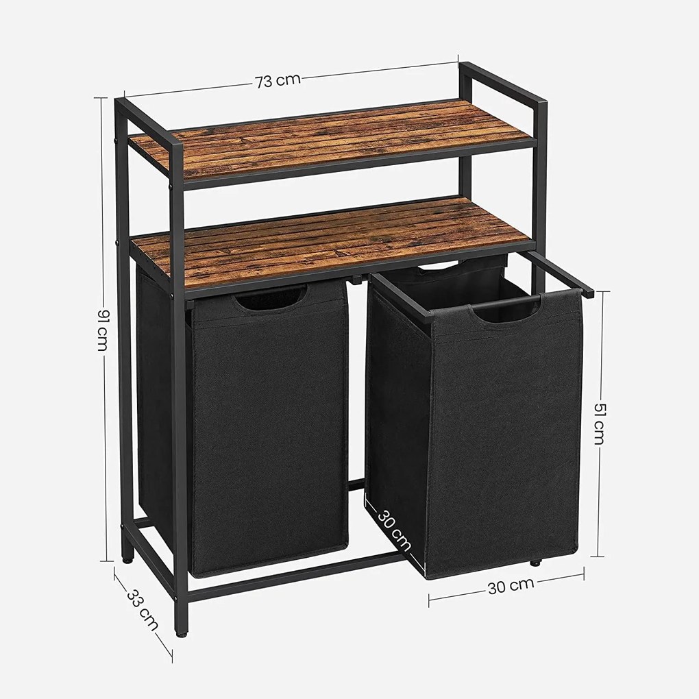 Kôš na bielizeň, s 2 vyťahovacími a odnímateľnými vakmi 2x46 L, rustikálne hnedý a čierny