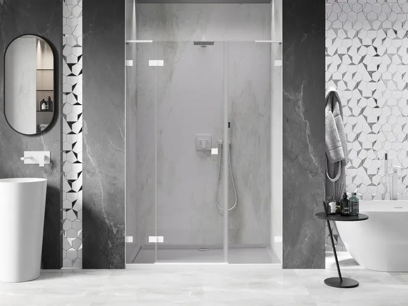 Mexen Lunar L, ľavé otočné sprchové dvere 150 cm, 8mm číre sklo, biely profil, 834SL-150-050-20-00-L