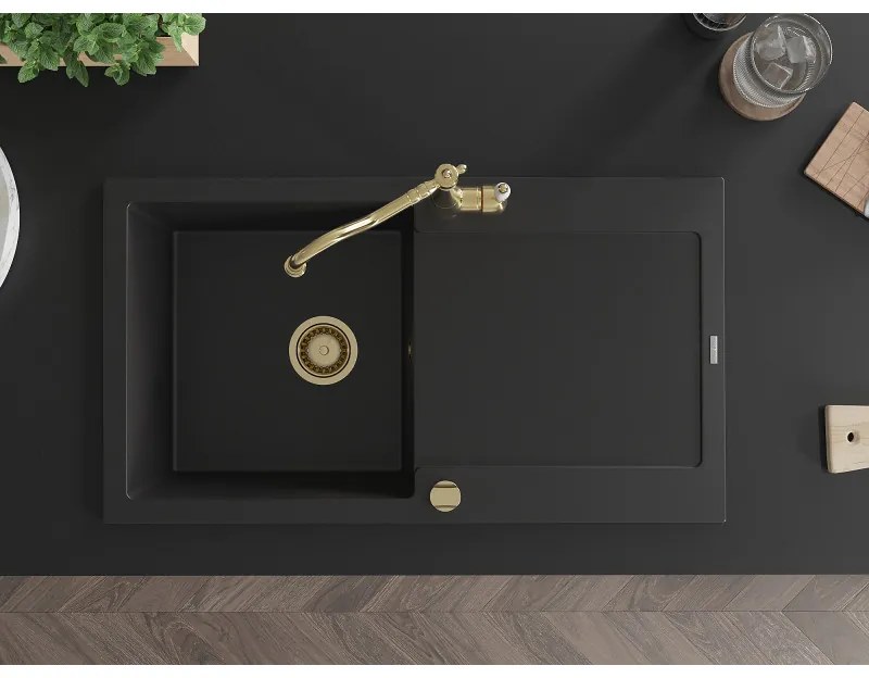 Mexen Leo, granitový drez 900x500x190 mm, 1-komorový a drezová batéria Carla, čierna, 6501-77-670700-50