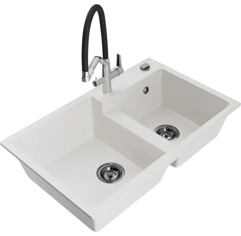 Mexen Tomas, 2-komorový granitový drez 800x500x190 mm a kuchynská batéria Duo, biela, 6516-20-671701-07-B