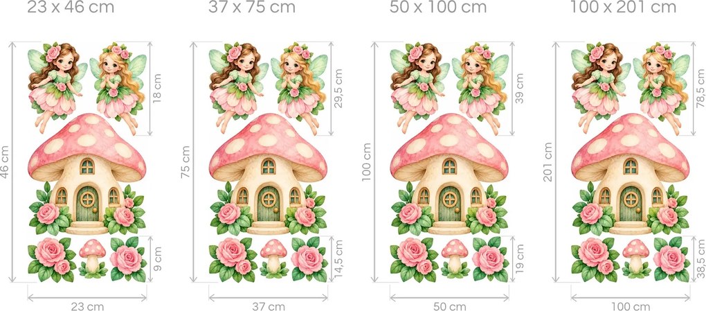 Víly pri hubovom domčeku ružovozelené akvarelové nálepky na stenu pre dievčatká arch 23 x 46 cm