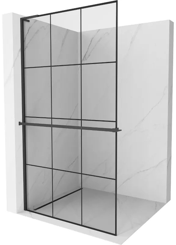 Mexen Kioto+ L, sprchová zástena Walk-In s poličkou a vešiakom 100 x 200 cm, 8mm číre sklo čierny vzor, čierny profil, 800-100-123-70-77