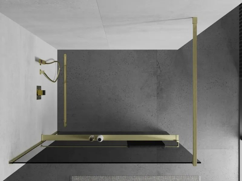 Mexen Kioto+, sprchová zástena Walk-In s poličkou a vešiakom 120 x 200 cm, 8mm šedé sklo, zlatý matný profil, 800-120-121-55-40