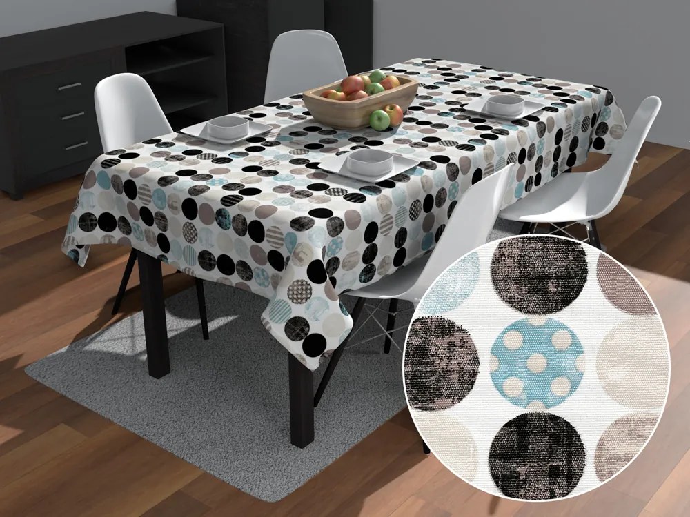 Biante Dekoračný obdĺžnikový obrus Leona LN-060 Tyrkysové a čierne guličky na bielom 50x100 cm