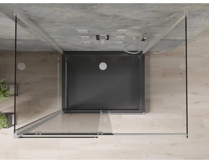 Mexen Omega, 3-stenový sprchovací kút s posuvnými dverami 140 (dvere) x 80 (stena) x 190 cm, 8mm číre sklo, chrómový profil + čierna sprchová vanička SLIM, 825-140-080-01-00-3S-4070