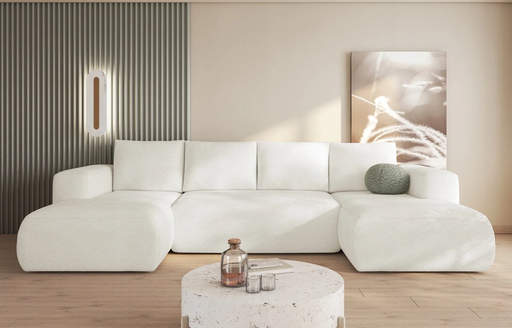 Veľká rohová sedačka v tvare U s funkciou spania Lambi krémová boucle.