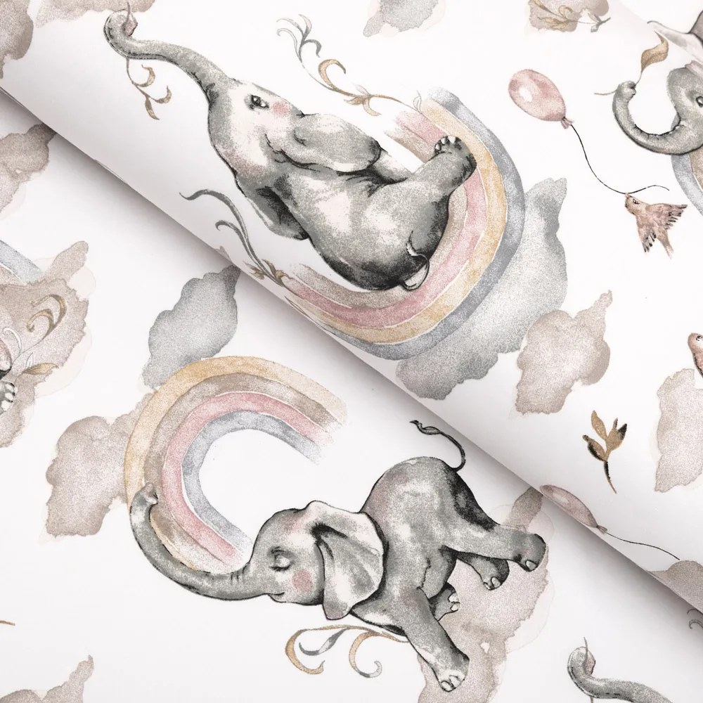 Biante Detský bavlnený behúň na stôl Sandra SA-462 Slony so sivohnedou dúhou na bielom 45x160 cm