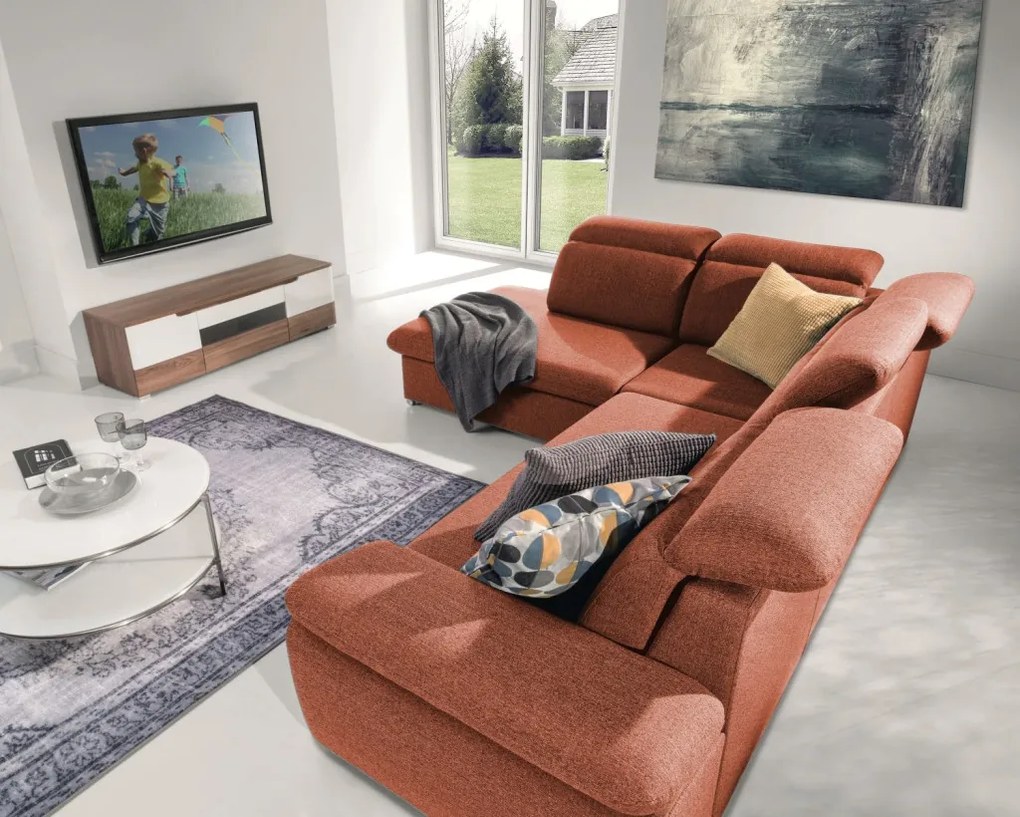 Rohová sedačka Aldon, tehlová štruktúrovaná látka, ľavý roh