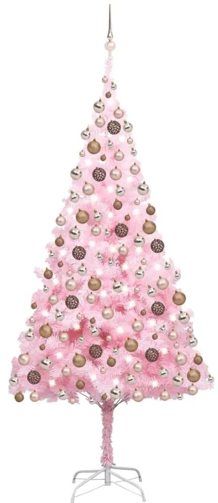 Umelý vianočný stromček s LED a súpravou gulí 210 cm ružový PVC 3077586