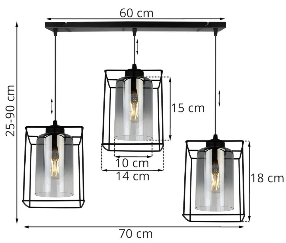 Závesné svietidlo Hella cage, 3x grafitové sklenené tienidlo v kovovom ráme