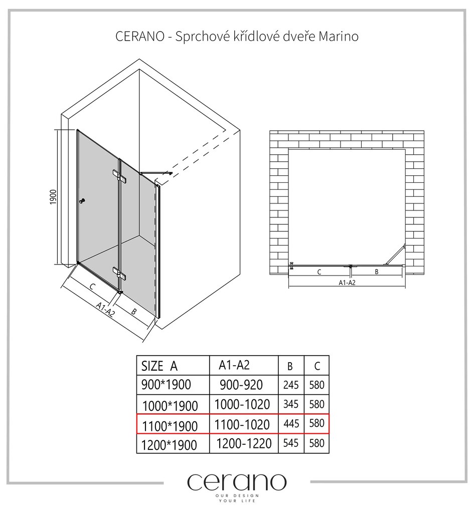 Cerano Marino, 1-krídlové delené sprchové dvere 110x190 cm, 6mm číre sklo, čierny profil, CER-CER-420246
