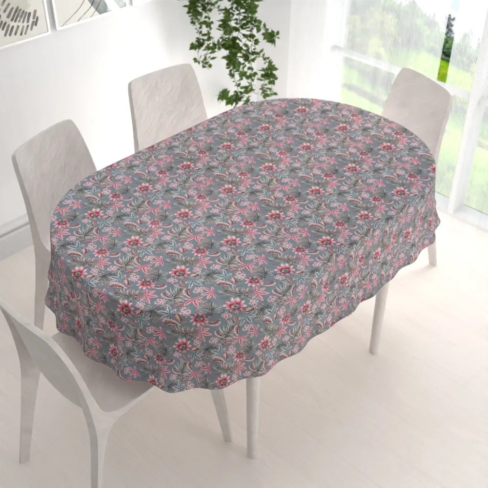 Biante Dekoračný oválny obrus PML-043 Tropické kvety na sivom 140x160 cm