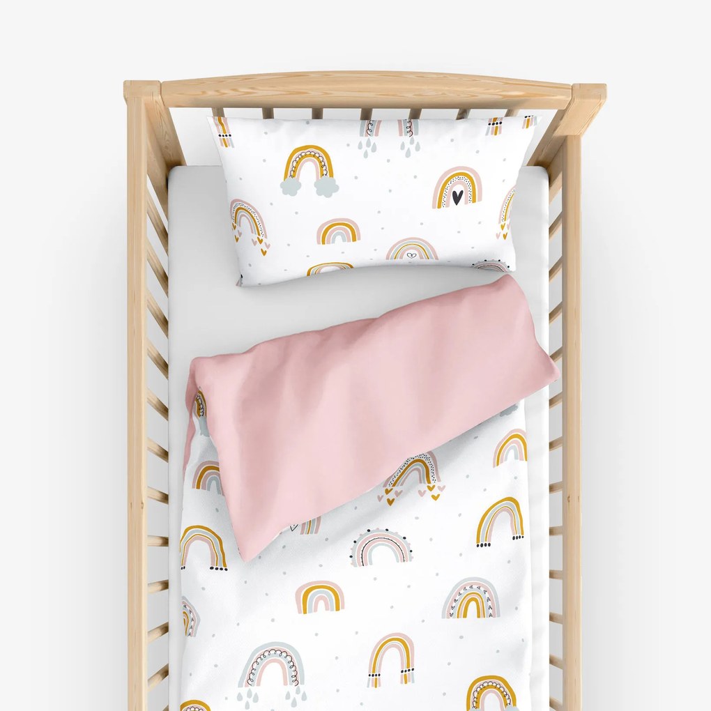 Goldea detské bavlnené obliečky do postieľky duo - maľované dúhy s púdrovo ružovou 100 x 135 a 40 x 60 cm