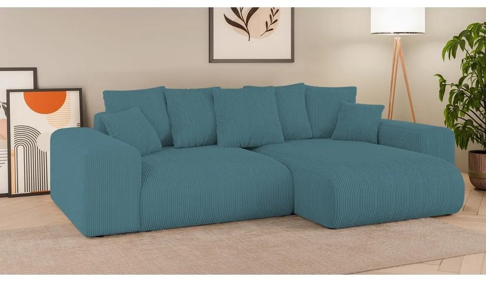 Tyrkysová menčestrová rozkladacia/s úložným priestorom rohová pohovka Luma – Ropez