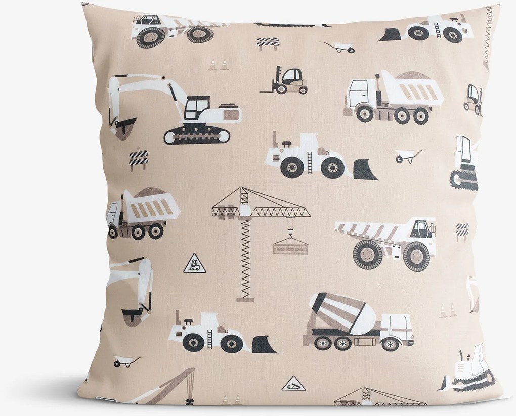 Goldea detská bavlnená obliečka na vankúš - nákladné autá a bagre na béžovom 40 x 40 cm