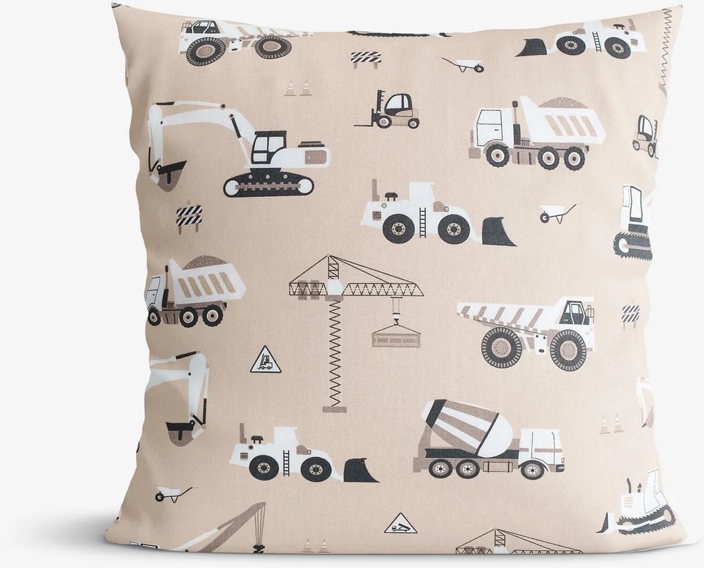 Goldea detská bavlnená obliečka na vankúš - nákladné autá a bagre na béžovom 50 x 50 cm