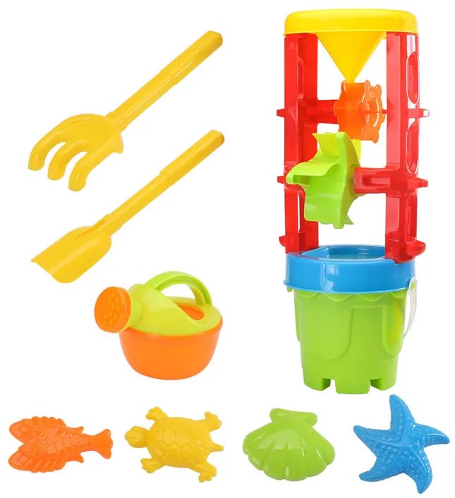 LEAN TOYS Sada hračiek do piesku - veľký mlynček, vedierko, farebné formičky