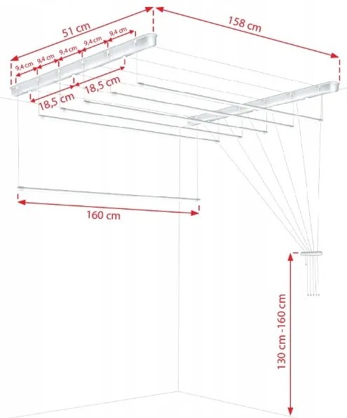Erga Erga, stropný vešiak na sušenie bielizne 6x160 cm, biela, ERG-SEP-10SUSSUF6PP16