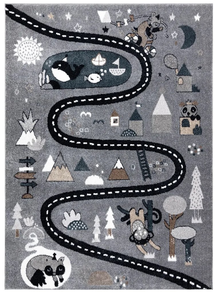 Detský kusový koberec Fun Route Street animals grey, 80x150, šedá, detská izba, Dywany Łuszczów