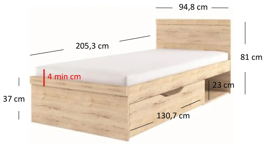 Jednolôžková posteľ 90 cm ORIT (dub san remo) (s roštom). Vlastná spoľahlivá doprava až k Vám domov. 1053204