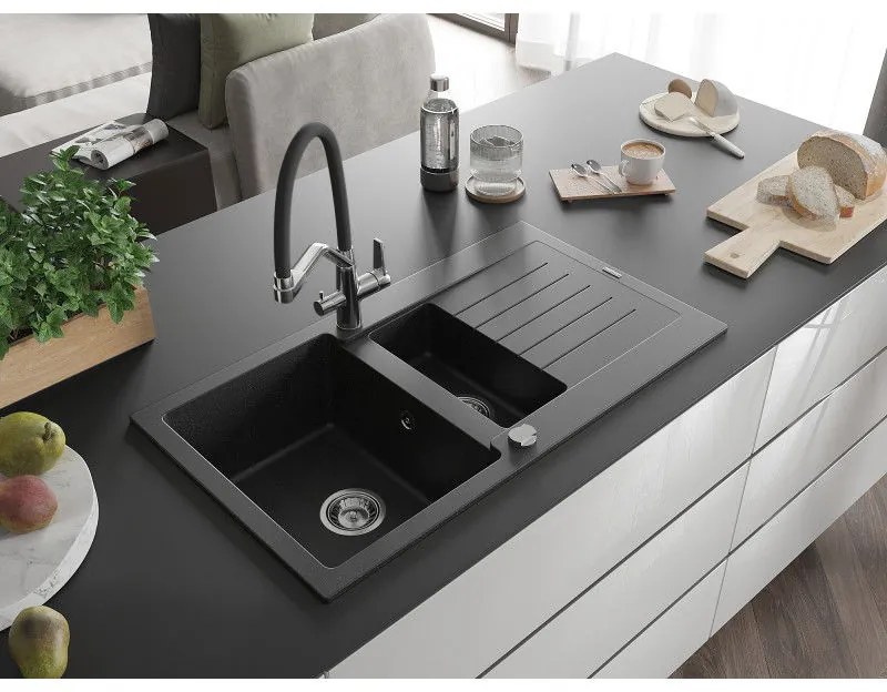 Mexen Matias, granitový drez 900x505x200 mm, 1,5-komorový a drezová batéria Duo, čierna-strieborná metalíza, 6502-73-671701-07
