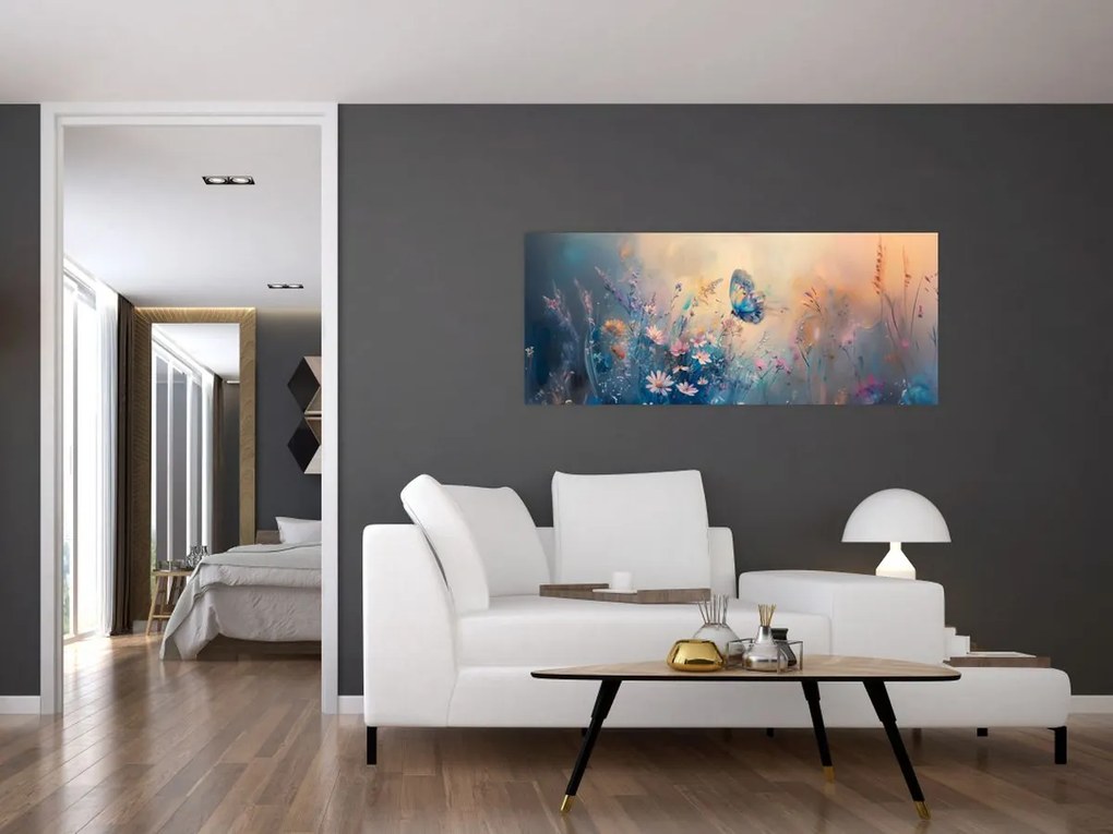 Obraz - Lúka s motýľom (120x50 cm)