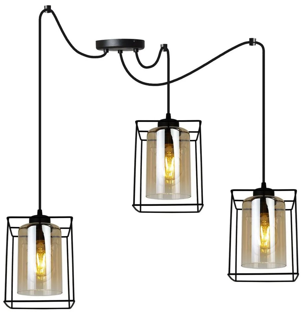 Závesné svietidlo Hella Cage Spider, 3x medové sklenené tienidlo v kovovom ráme