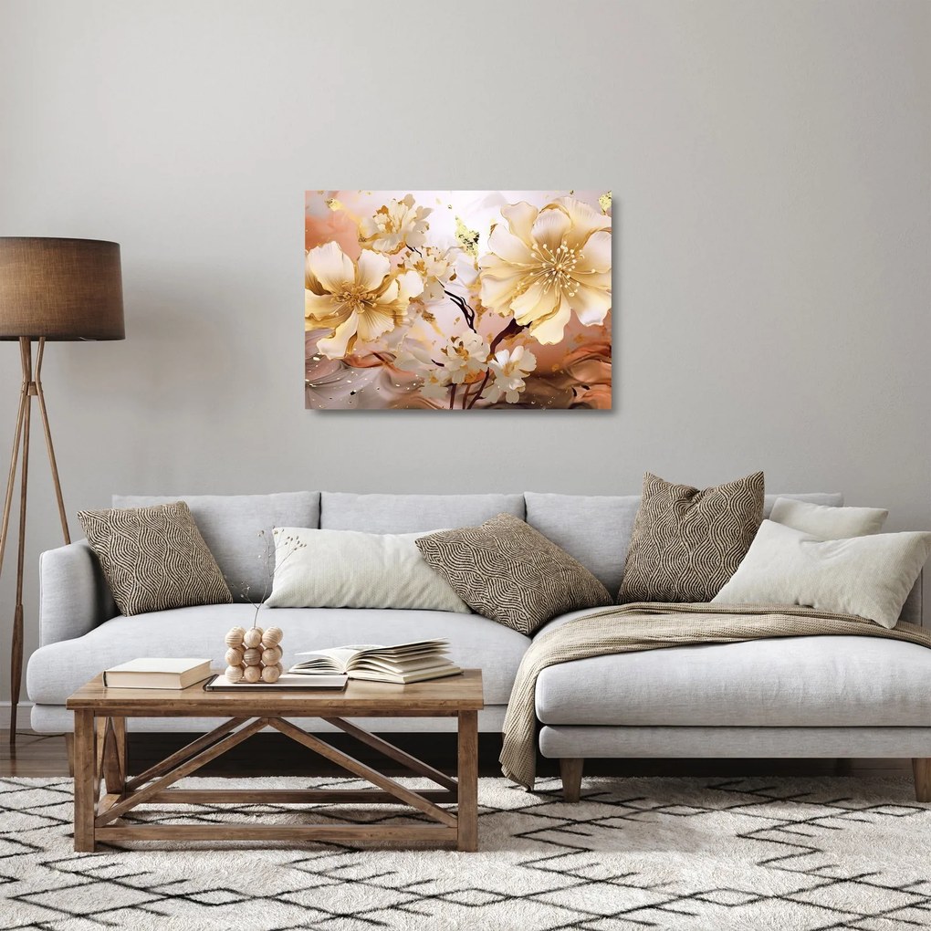Sklenený obraz - Zlaté kvety (70x50 cm)