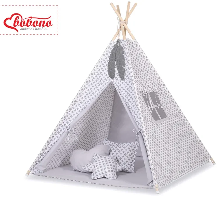 Bobono Sada MINI: Stan Teepee + podložka na hranie + dekoratívne pierka - vzor šedý kríž