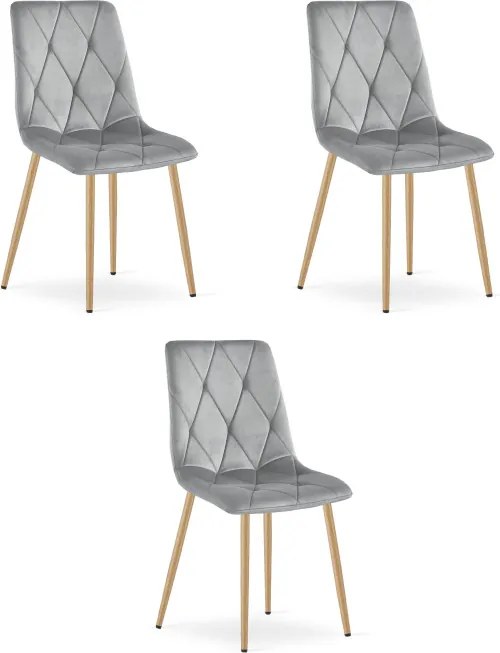 Set troch jedálenských stoličiek LIBRA zamatové, svetlosivé / hnedé nohy (3 ks)