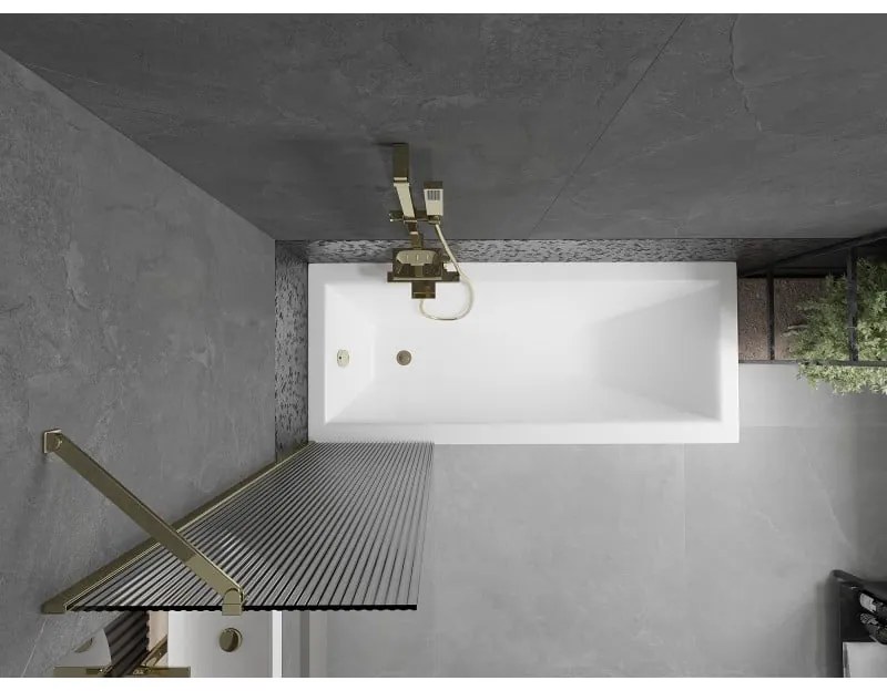 Mexen Next, vaňová zástena 1-krídlová 50 x 150 cm, fixné krídlo, 6 mm sklo s pruhmi, zlatý lesklý profil, 895-050-000-00-09-50