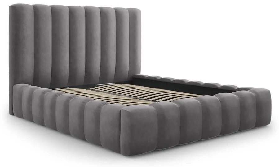 Sivá čalúnená dvojlôžková posteľ s úložným priestorom s roštom 160x200 cm Kelp – Micadoni Home