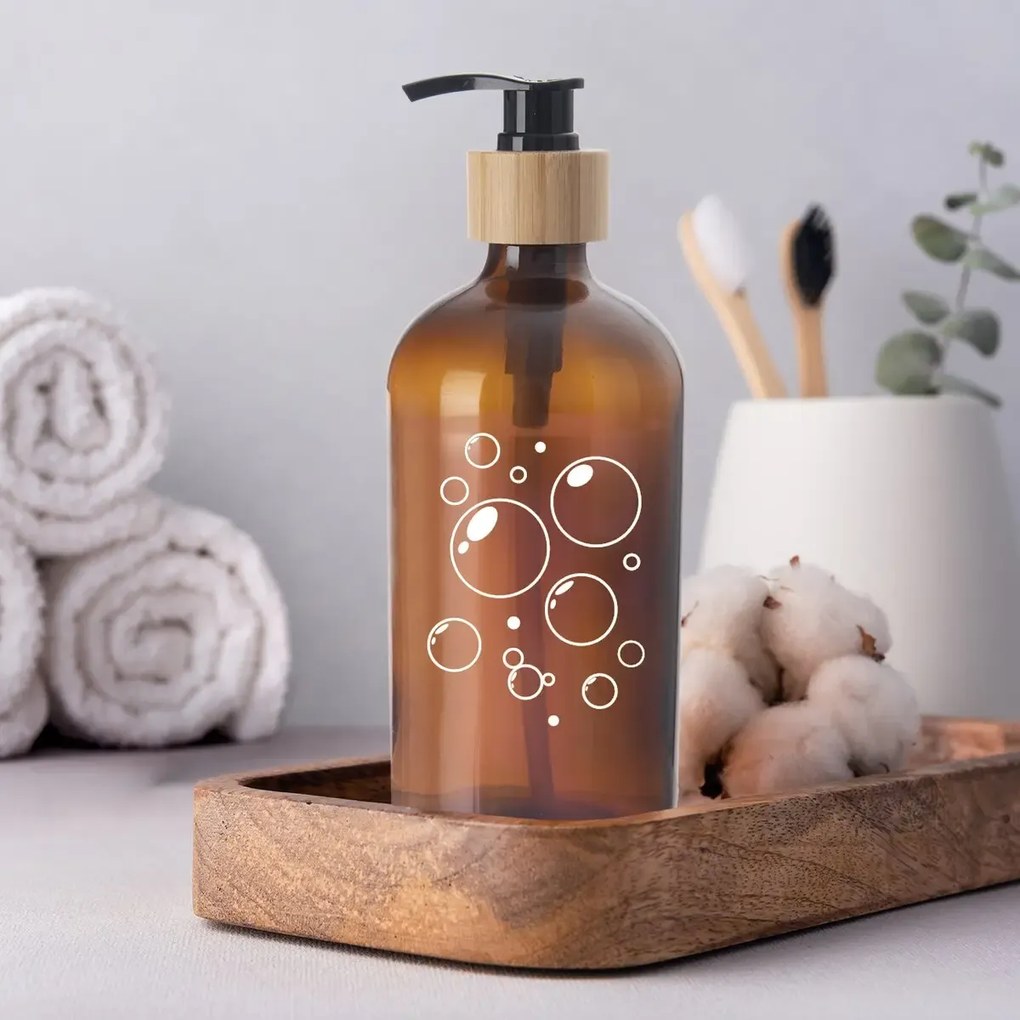 Orion Sklenený dávkovač na mydlo, jar - 0,5 l - hnedé sklo s nálepkou BUBLINY