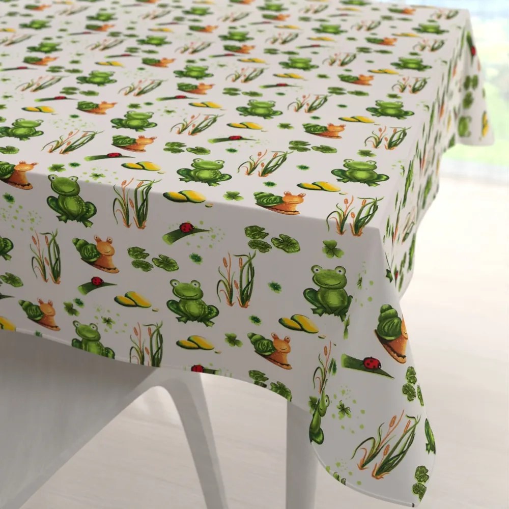Biante Detský bavlnený štvorcový obrus Sandra SA-609 Žabky a slimáky na bielom 150x150 cm