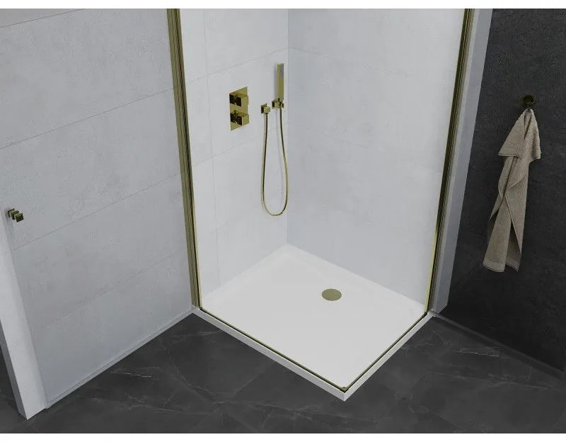 Mexen Pretoria Duo, sprchovací kút s 2-krídlovými dverami 90 (dvere) x 80 (dvere) cm, 6mm číre sklo, zlatý profil + slim sprchová vanička 5cm biela so zlatým sifónom, 852-090-080-50-02-4010G