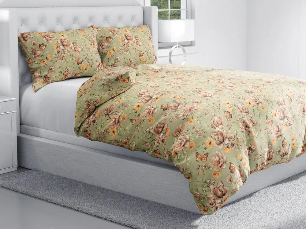 Biante Bavlnené posteľné obliečky Sandra SA-472 Hnedé kvety magnólie na zelenom Jednolôžko 140x200 a 70x90 cm