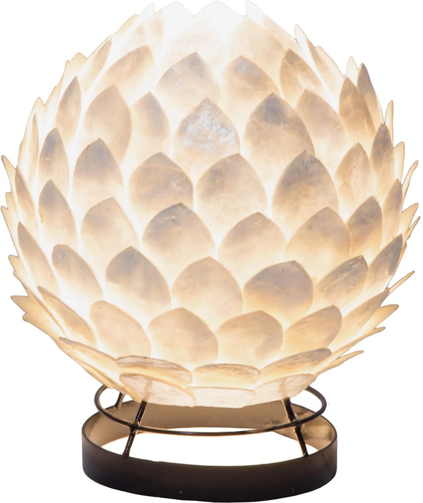 Stolná lampa z bielych mušlí, tvar gule