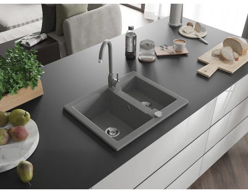 Mexen Carlos, granitový drez 582x475x177 mm, 1,5-komorový a šedá drezová batéria Telma, šedá, 6518-71-670200-71