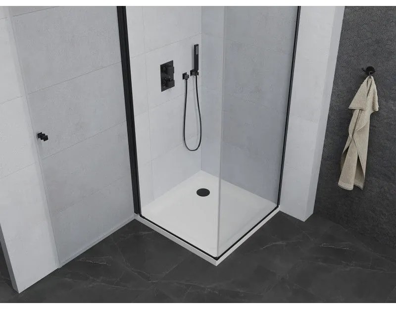 Mexen Pretoria, sprchovací kút 80 (dvere) x 80 (stena) cm, 6mm číre sklo, čierny profil + biela sprchová vanička, 852-080-080-70-00-4010B