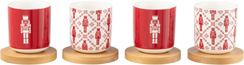 Sada 4 červených keramických kávových šálků s bambusovými podšálky Nutcrackers v dárkové krabičce – 13,8*13,8*7,5 cm